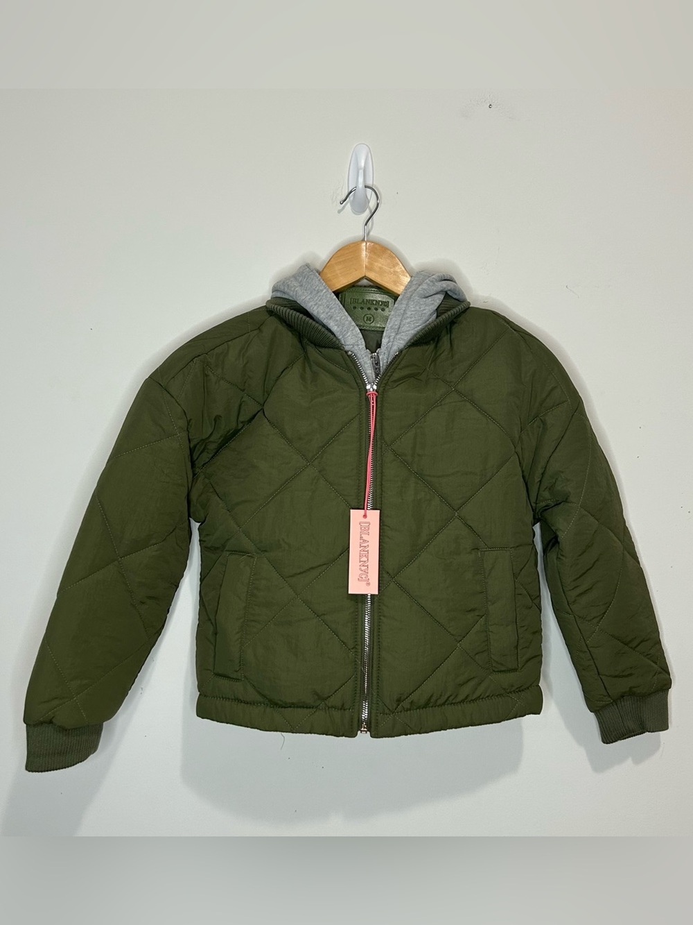 BlankNYC Jacket Kids Girl’s Medium Green Hooded Full Zip Quilted Puffer New